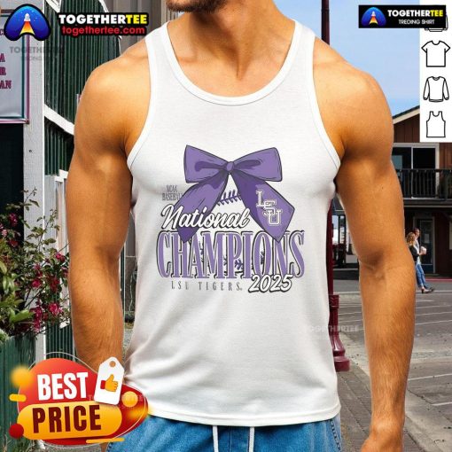 Official LSU Tigers 2025 NCAA Baseball Men's College World Series Champions Bow Tank Top in vibrant team colors.