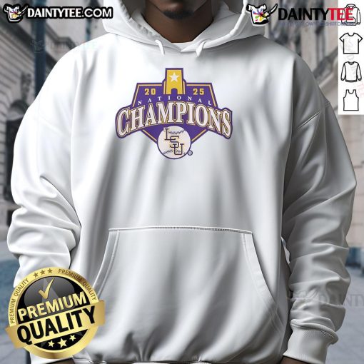 Official LSU Tigers Baseball 2025 National Champions logo hoodie featuring vibrant team colors and design.