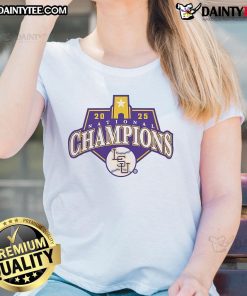 Official LSU Tigers Baseball 2025 National Champions logo on a ladies tee, celebrating the team's victory.