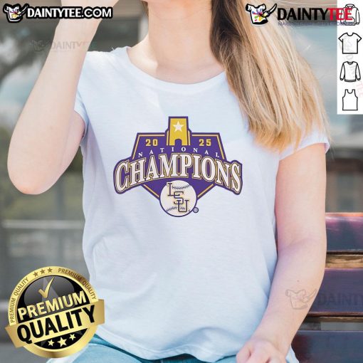 Official LSU Tigers Baseball 2025 National Champions logo on a ladies tee, celebrating the team's victory.