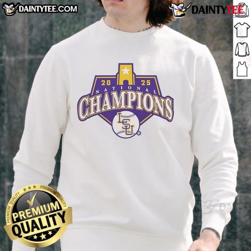 Official LSU Tigers Baseball 2025 National Champions logo sweatshirt featuring vibrant team colors and design.