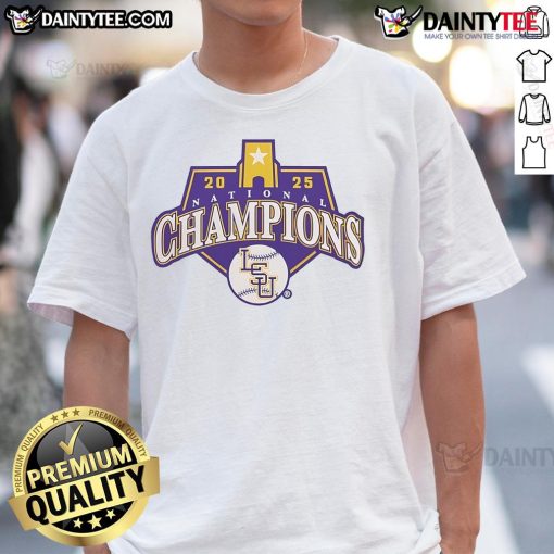 Alt Text: Official LSU Tigers Baseball 2025 National Champions logo t-shirt featuring vibrant team colors and bold graphics.