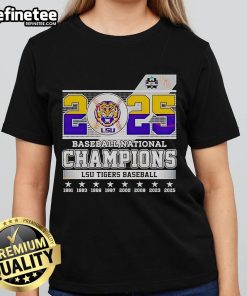 Official LSU Tigers Baseball National 2025 Champions NCAA ladies tee in purple with gold logo, perfect for fans.