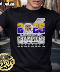 Official LSU Tigers Baseball National 2025 Champions NCAA T-Shirt featuring team colors and logo for fans.
