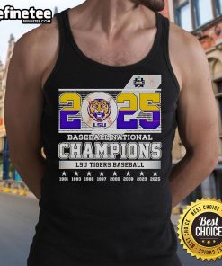 Official LSU Tigers Baseball National 2025 Champions NCAA tank top featuring team colors and logo.