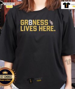 Alt Text: Official LSU Tigers Baseball National Champions GR8NESS Lives Here logo on a stylish ladies tee shirt.