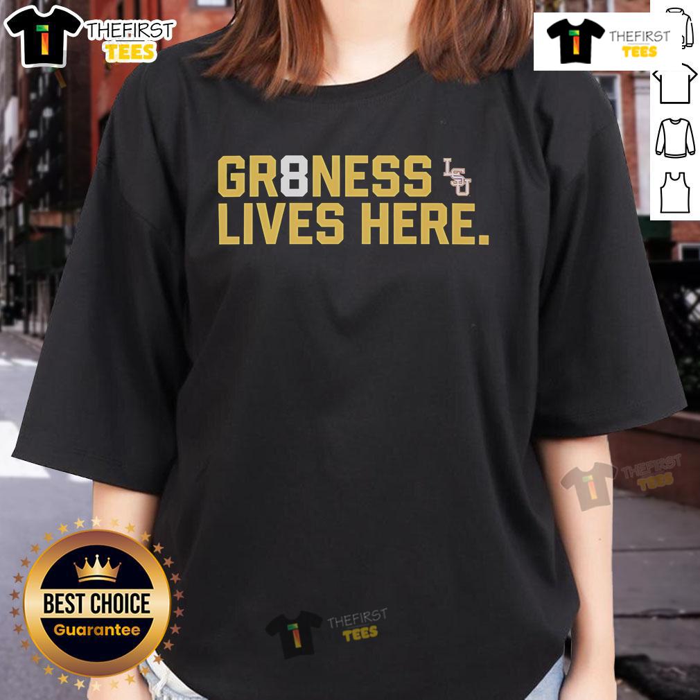 Official LSU Tigers Baseball National Champions GR8NESS Lives Here Logo Ladies-Tee Alt Text: Official LSU Tigers Baseball National Champions GR8NESS Lives Here logo on a stylish ladies tee shirt.