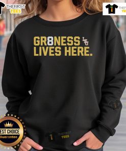 Alt Text: Official LSU Tigers Baseball National Champions GR8NESS Lives Here logo sweatshirt showcasing team pride.