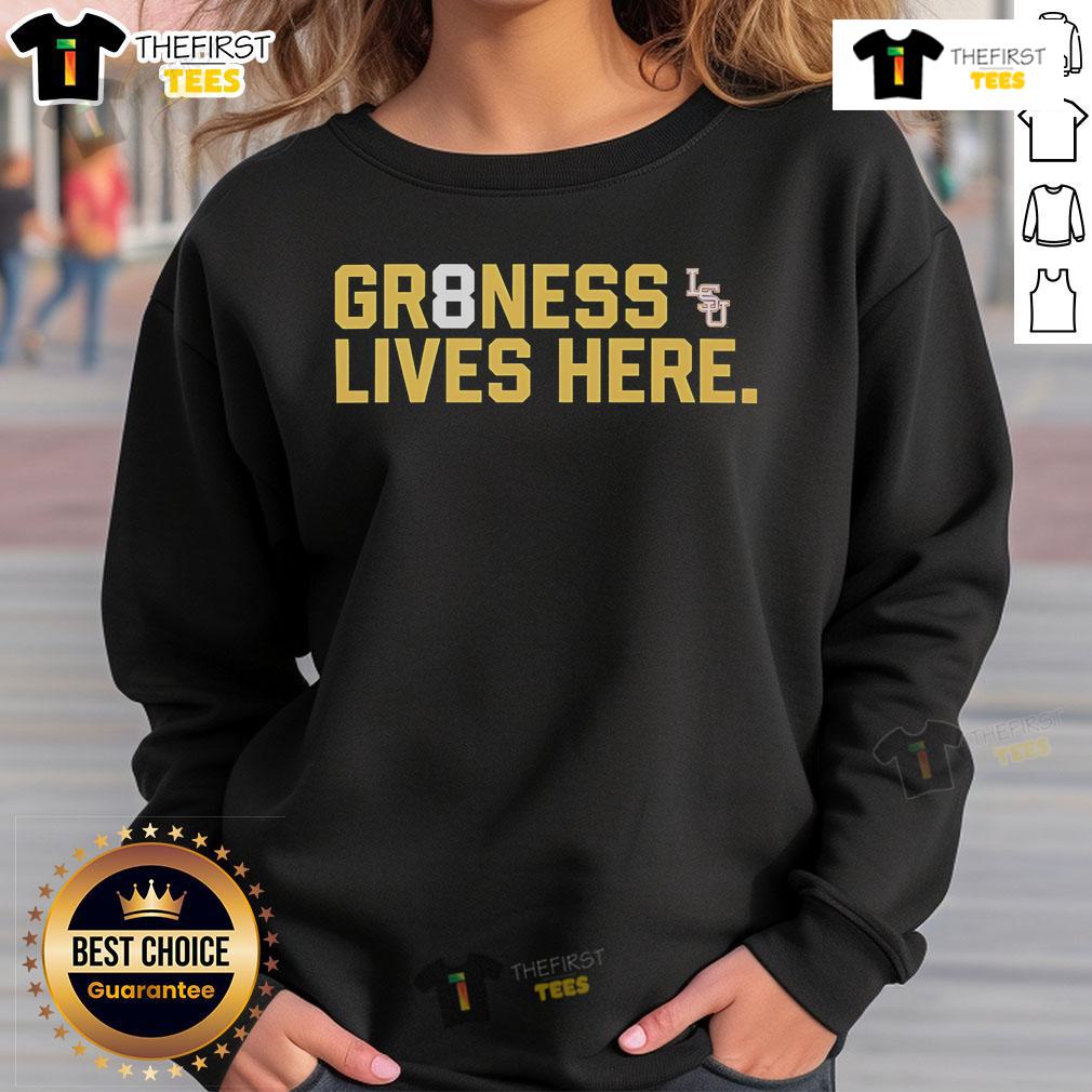 Official LSU Tigers Baseball National Champions GR8NESS Lives Here Logo Sweatshirt Alt Text: Official LSU Tigers Baseball National Champions GR8NESS Lives Here logo sweatshirt showcasing team pride.