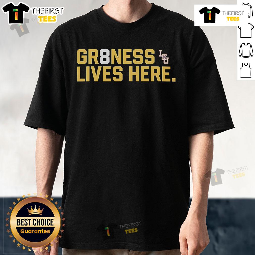 Official Lsu Tigers Baseball National Champions Gr8Ness Lives Here Logo T Shirt Alt Text: Official LSU Tigers Baseball National Champions Gr8Ness Lives Here logo T-shirt in purple and gold design.