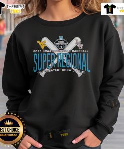 Official LSU Tigers vs West Virginia Mountaineers 2025 NCAA Baseball Super Regional Sweatshirt design with team logos.