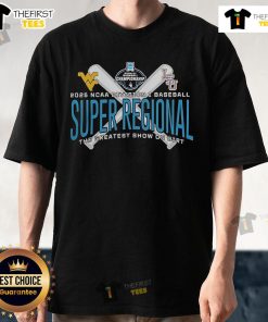 Alt Text: Official LSU Tigers vs West Virginia Mountaineers 2025 NCAA Baseball Super Regional T-Shirt showcasing team logos.