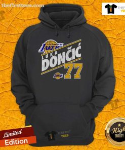 Alt Text: Vintage Luka Doncic hoodie featuring Los Angeles Lakers design and player number 77, perfect for basketball fans.