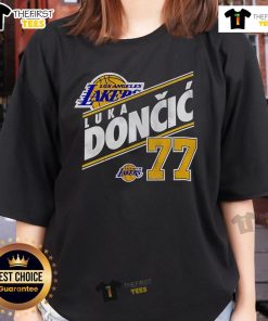 Alt Text: Vintage ladies tee featuring Luka Doncic, Los Angeles Lakers player, number 77, perfect for basketball fans.