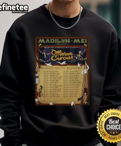 Alt Text: Madilyn Mei The One Man Circus 2025 tour poster on a sweatshirt, featuring vibrant colors and tour details.