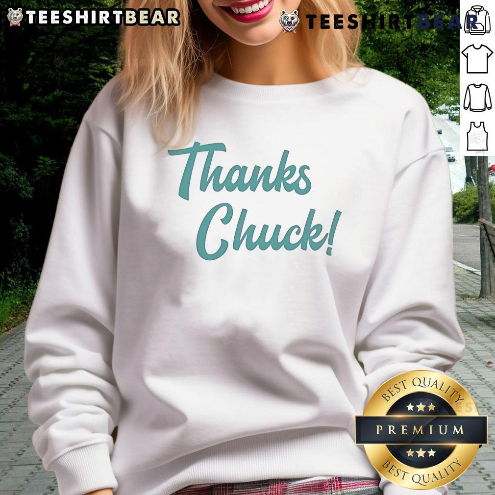 Official Mark Hamill Thanks Chuck Sweatshirt Mark Hamill wearing an 'Thanks Chuck' sweatshirt, featuring a playful design celebrating fans and pop culture.