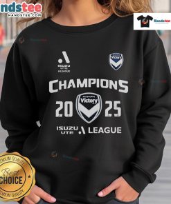 Official Melbourne City Victory Champions A-League 2025 sweatshirt showcasing team logo and vibrant colors.