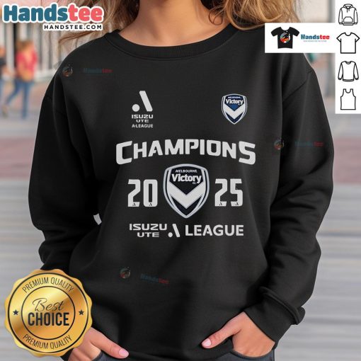 Official Melbourne City Victory Champions A-League 2025 sweatshirt showcasing team logo and vibrant colors.