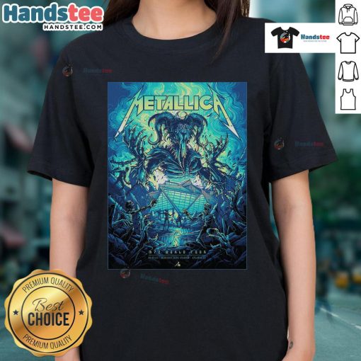 Alt Text: Official Metallica M72 Atlanta venue poster at Mercedes-Benz Stadium for the World Tour, featuring Ladies Tee design.