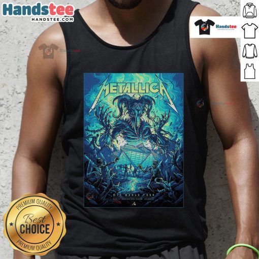 Official Metallica M72 Atlanta venue poster at Mercedes-Benz Stadium, showcasing their world tour on a tank top.