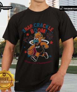 Alt Text: Official Miami Heat Snap Crackle Boom Power Of Champions Independence Day T-Shirt featuring vibrant team colors and graphics.