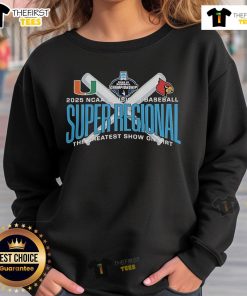 Official Miami Hurricanes vs Coastal Carolina 2025 NCAA Baseball Super Regional sweatshirt featuring team logos.