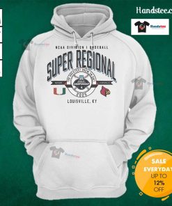 Official Miami Hurricanes vs Louisville Cardinals NCAA D1 Baseball Super Regional 2025 hoodie featuring team logos.