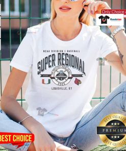 2025 NCAA D1 Baseball Super Regional tee featuring Miami Hurricanes vs. Louisville Cardinals design for ladies.