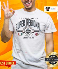 Official Miami Hurricanes vs Louisville Cardinals NCAA D1 Baseball Super Regional 2025 T-Shirt showcasing team logos.