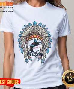 Official Miami Marlins Native American logo on a stylish ladies tee, perfect for fans and casual wear.