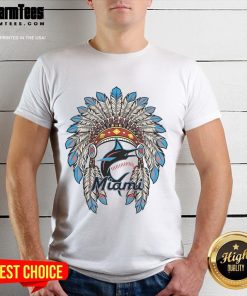 Official Miami Marlins Native American Logo T-Shirt featuring bold graphics and a comfortable fit for fans.
