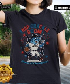 Official Miami Marlins Snap Crackle Boom Independence Day Ladies Tee featuring vibrant team colors and festive design.