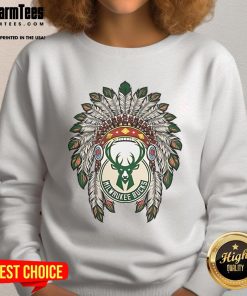 Alt Text: Official Milwaukee Bucks Native American logo sweatshirt featuring vibrant colors and unique design for fans.