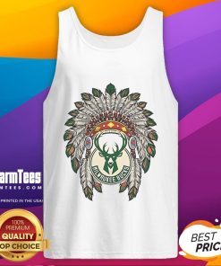 Official Milwaukee Bucks Native American logo tank top featuring vibrant colors and unique design for fans.