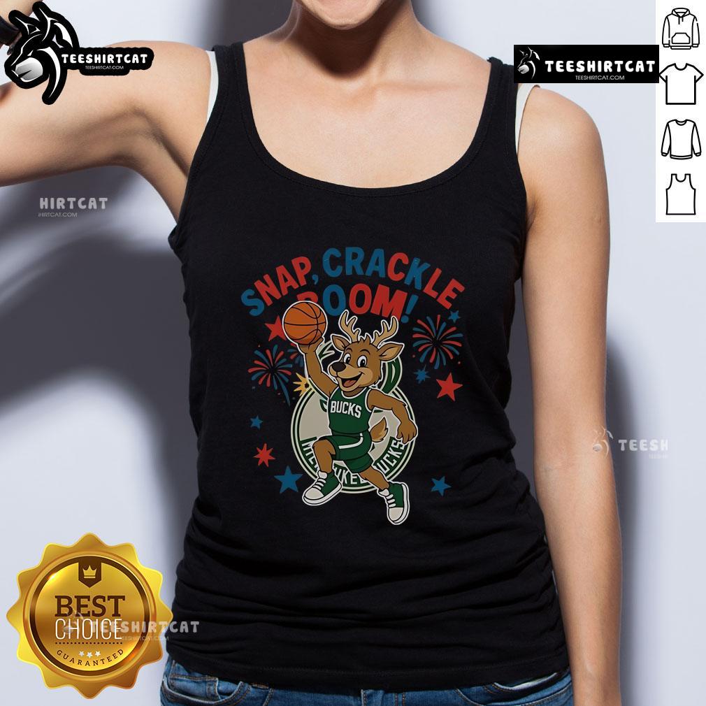 Official Milwaukee Bucks Snap Crackle Boom Power Of Champions Indepencence Day Tank Top Official Milwaukee Bucks Snap Crackle Boom Independence Day tank top featuring team colors and logo, perfect for summer wear.