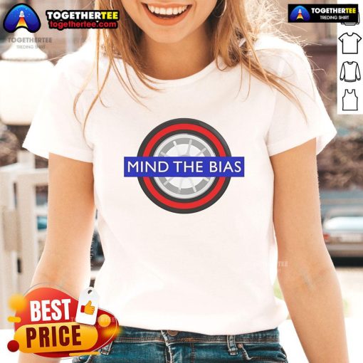Official Mind The Bias logo on a stylish ladies tee, promoting awareness and conversation about bias in society.