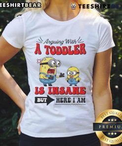 Minion arguing with a toddler in a humorous scene, featured on the Official Minion Ladies Tee design.