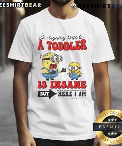 Official Minion arguing with a toddler graphic on a fun t-shirt, perfect for fans of whimsical, playful designs.