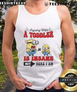 Official Minion tank top featuring a playful scene of a Minion arguing with a toddler, perfect for fun-loving fans.