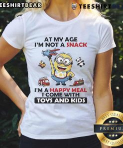 Official Minion tee for ladies featuring 'I'm Not a Snack, I'm a Happy Meal' with toys, perfect for fun-loving fans.