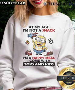 Official Minion sweatshirt for kids: 'I'm Not A Snack, I'm A Happy Meal' featuring fun toys design.