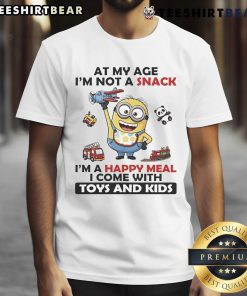 Official Minion T-shirt for kids: 'At My Age Im Not A Snack Im A Happy Meal' with fun toy graphic.
