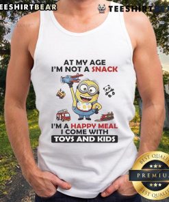 Official Minion tank top for kids with 'I'm Not A Snack, I'm A Happy Meal' design, featuring fun toys and vibrant colors.