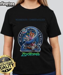 Official Minnesota Timberwolves Zootopia 2 ladies tee featuring vibrant graphics and comfortable fit for fans.
