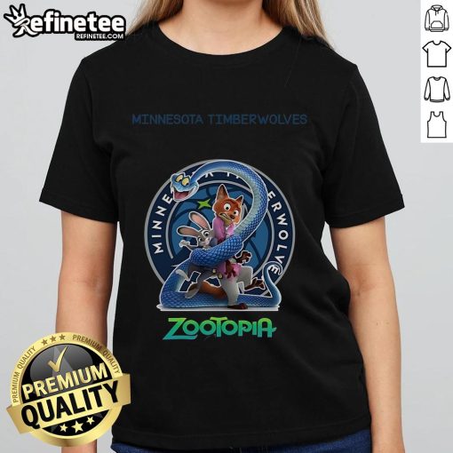 Official Minnesota Timberwolves Zootopia 2 ladies tee featuring vibrant graphics and comfortable fit for fans.