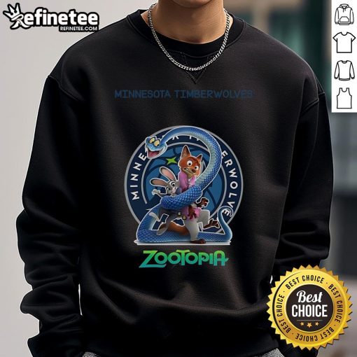 Official Minnesota Timberwolves Zootopia 2 Sweatshirt featuring vibrant graphics and team logo for fans.