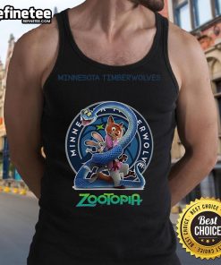 Alt Text: Official Minnesota Timberwolves Zootopia 2 tank top featuring team colors and graphic design ideal for fans.