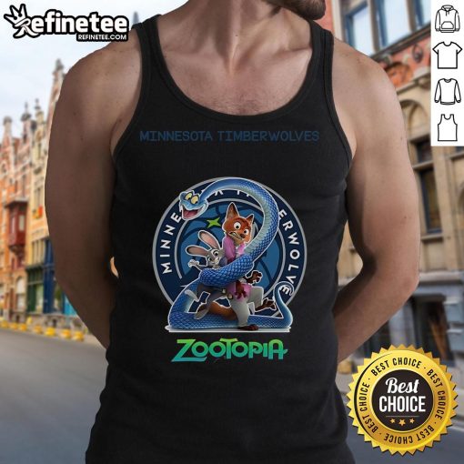 Alt Text: Official Minnesota Timberwolves Zootopia 2 tank top featuring team colors and graphic design ideal for fans.