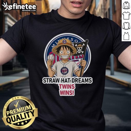 Official Minnesota Twins Monkey D. Luffy Straw Hat Dreams Wins T-Shirt featuring vibrant graphics and team logo.