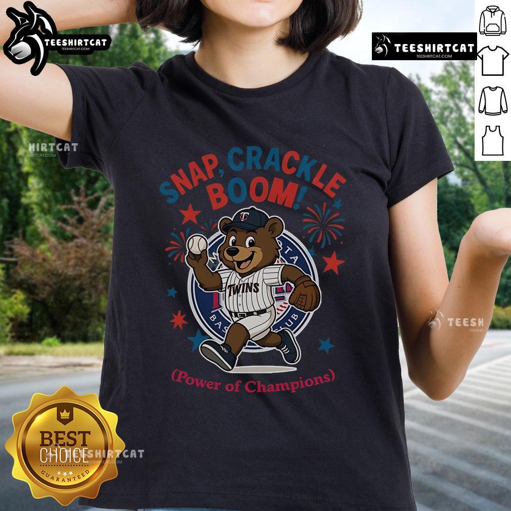 Official Minnesota Twins Snap Crackle Boom Power Of Champions Indepencence Day Ladies-Tee Alt Text: Official Minnesota Twins Snap Crackle Boom Independence Day Ladies Tee, celebrating champions in stylish red, white, and blue.